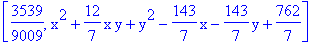[3539/9009, x^2+12/7*x*y+y^2-143/7*x-143/7*y+762/7]